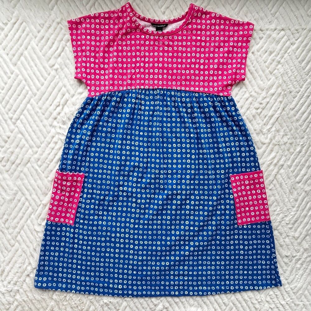 Marimekko Girls Size 8 Pink Blue Polka Dot Dress Cotton Pocket NWT